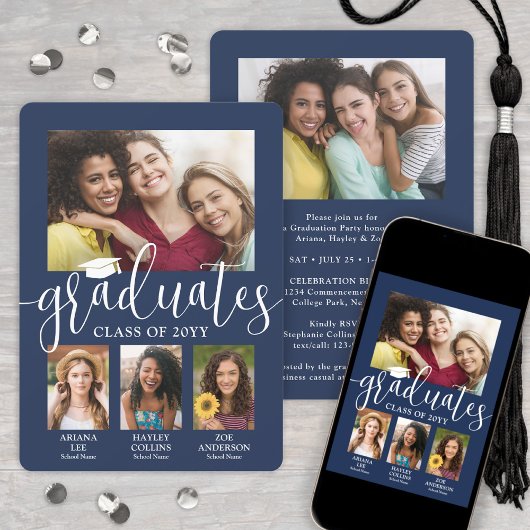 Faire-part Triple Graduation Photo Collage Marine & White Joi