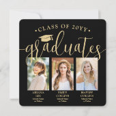 Faire-part Triple Graduation Photo Collage Noir & Or Joint (Devant)