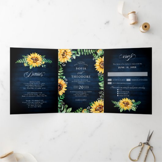 Faire-part Trois Volets Bébé souffle de tournesol Mariage floral bleu mari (Intérieur)