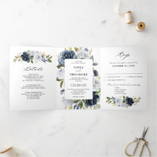Faire-part Trois Volets Bleu Nuit Blanc Floral Botanique Mariage 