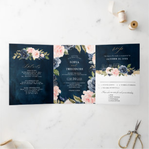 Faire-part Trois Volets Bleu Nuit Poussiéreux Rose Floral Mariage Tri-Fol
