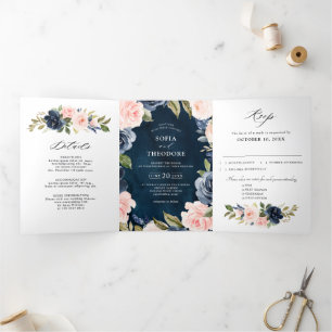 Faire-part Trois Volets Bleu Nuit Poussiéreux Rose Floral Mariage Tri-Fol