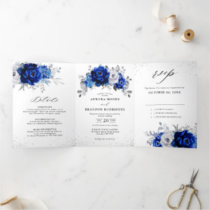 Faire-part Trois Volets Bleu Royal Blanc Métallisé Argent Floral Tr