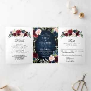 Faire-part Trois Volets Bourgogne Marine Rose Floral Or Géométrique Mariag