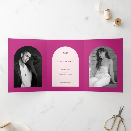 Faire-part Trois Volets Camila Pink Arch Mariage moderne Enregistrer la da (Intérieur)