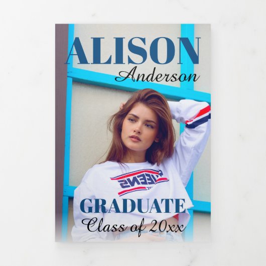 Faire-part Trois Volets Classe bleue classique de 2025 photo de graduation (Page de couverture)
