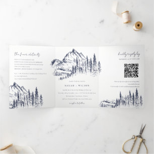 Faire-part Trois Volets Code QR de mariage esquisse de montagne de pin de