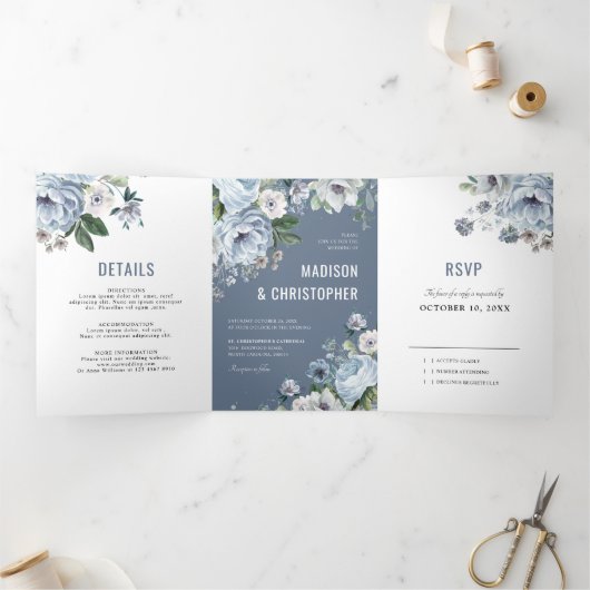 Faire-part Trois Volets Couleurs gris bleu foncé hiver Rustique Mariage Tr (Intérieur)