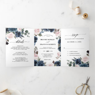 Faire-part Trois Volets Dusty Blue Mauve Rose rose ardoise Mariage floral