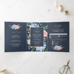 Faire-part Trois Volets Dusty Blue Pastel Pink hydrangeas Mariage Tri-Fol