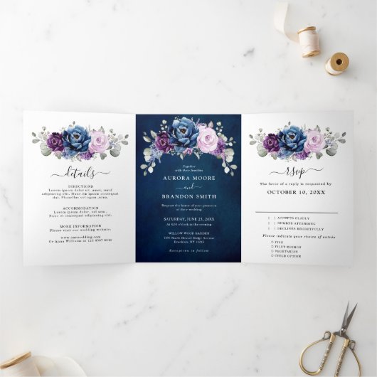 Faire-part Trois Volets Dusty Blue Purple Navy Lilac Blooms Mariage Tri-Fo (Intérieur)