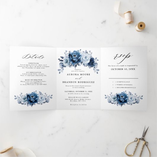 Faire-part Trois Volets Dusty Blue Slate Navy Floral Botanal Mariage (Intérieur)