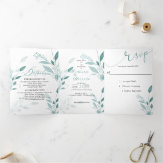 Faire-part Trois Volets Élégant Bleu Poussiéreux Eucalyptus Floral sarcell