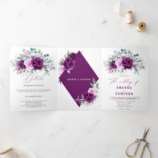 Faire-part Trois Volets Élégant Mariage géométrique violet rustique (Intérieur)