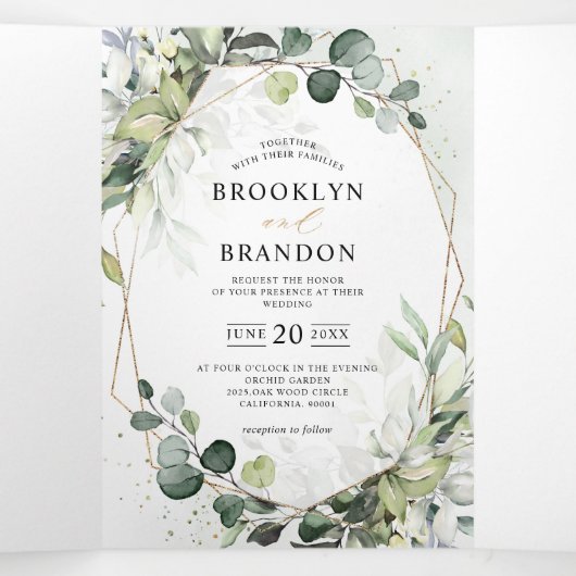 Faire-part Trois Volets Eucalyptus Sage Verdure Mariage géométrique modern (Intérieur au milieu)
