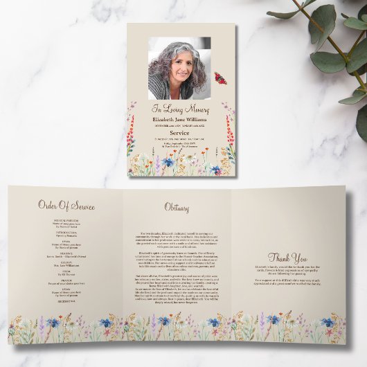 Faire-part Trois Volets Fleur sauvage Photo Tri-Fold Funeral Program
