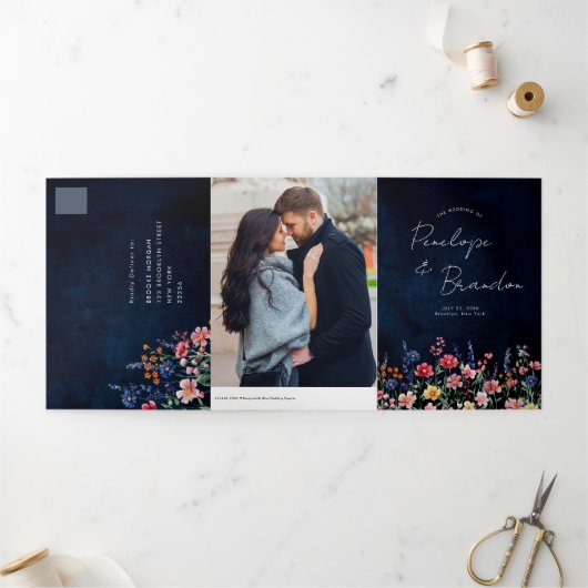 Faire-part Trois Volets Fleur sauvage Rustique Pays Boho Floral Marine Mar (Extérieur)