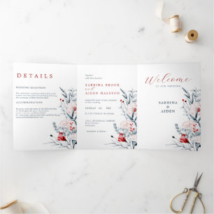 Faire-part Trois Volets Fleurs Rouges Et Bleues Floral Mariage