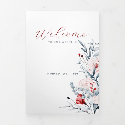 Faire-part Trois Volets Fleurs Rouges et Bleues Mariage Floral (Page de couverture)