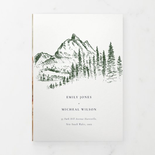 Faire-part Trois Volets Green Pine Woods Mountain Sketch Mariage QR Code (Page de couverture)