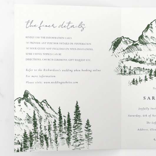 Faire-part Trois Volets Green Pine Woods Mountain Sketch Mariage QR Code (Intérieur en premier)