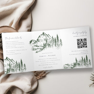 Faire-part Trois Volets Green Pine Woods Mountain Sketch Mariage QR Code