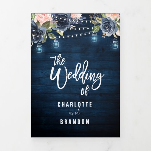 Faire-part Trois Volets Guirlande lumineuse bleu marine rose mariage tript (Page de couverture)