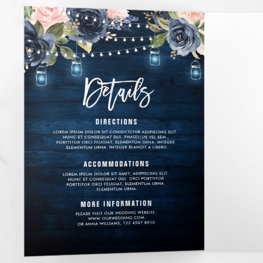 Faire-part Trois Volets Guirlande lumineuse bleu marine rose mariage tript (Intérieur en premier)