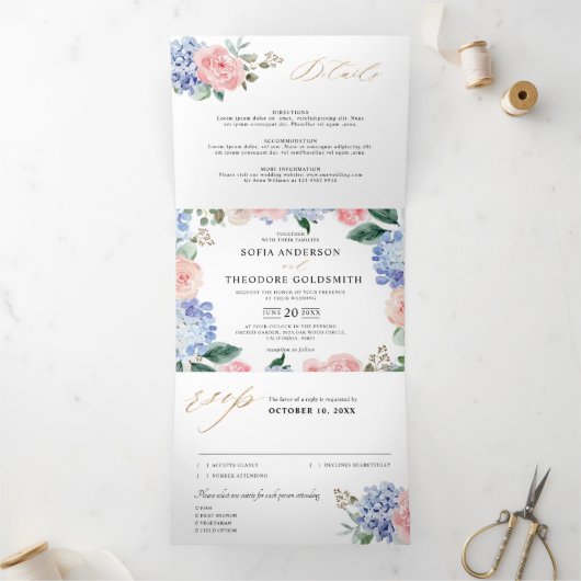Faire-part Trois Volets Hydrangeas Bleu Pâle Rose Pastel Mariage Triptyque (Intérieur)