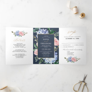 Faire-part Trois Volets Hydrangeas bleu poussiéreux rose pastel pour maria