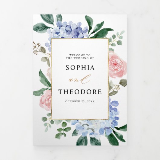 Faire-part Trois Volets Hydrangeas rose pastel bleu poussiéreux mariage (Page de couverture)