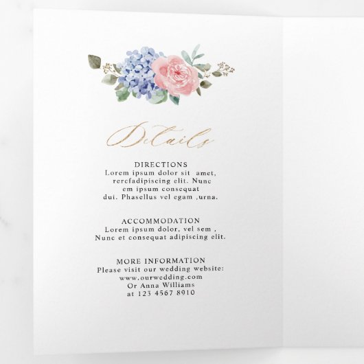 Faire-part Trois Volets Hydrangeas rose pastel bleu poussiéreux mariage (Intérieur en premier)