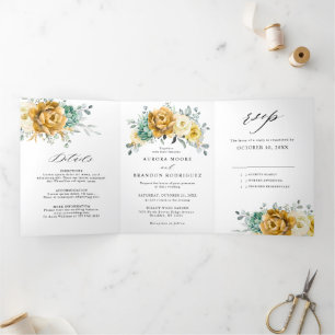 Faire-part Trois Volets Jaune Moutarde Floral Sauge Verdure Mariage Modern