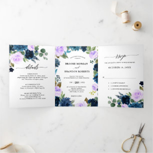 Faire-part Trois Volets Mariage bohème botanique bleu marine lavande pourp