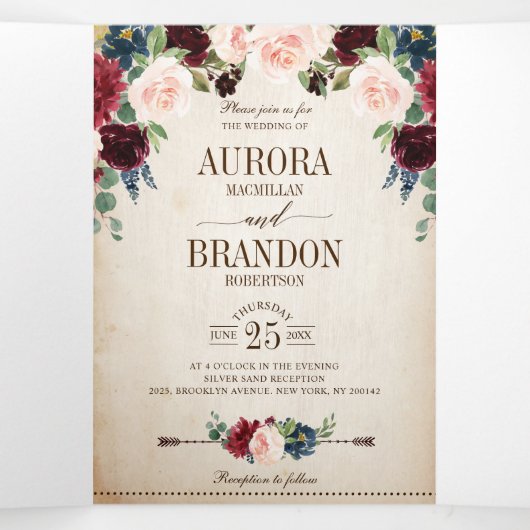 Faire-part Trois Volets Mariage Bohème Campagnard Rustique aux Fleurs de B (Intérieur au milieu)