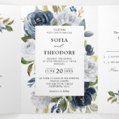 Faire-part Trois Volets Mariage Botanique Fleurie Blanc Poussiéreux Bleu M (Intérieur au milieu)