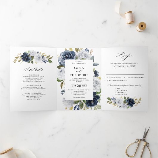 Faire-part Trois Volets Mariage Botanique Fleurie Bleu Marine Poussiéreux (Intérieur)