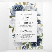 Faire-part Trois Volets Mariage Botanique Fleurie Bleu Marine Poussiéreux (Intérieur au milieu)