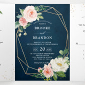 Faire-part Trois Volets Mariage Botanique Fleurs Rose Clair Marine (Intérieur au milieu)