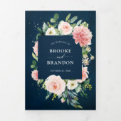 Faire-part Trois Volets Mariage Botanique Fleurs Rose Clair Navy (Page de couverture)