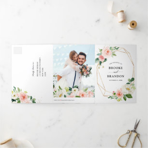 Faire-part Trois Volets Mariage Botanique Fleurs Roses Pastel Douces et Él