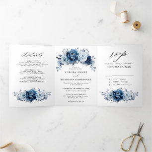 Faire-part Trois Volets Mariage Botanique Floral Bleu Poussiéreux Ardoise 