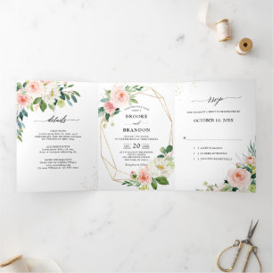 Faire-part Trois Volets Mariage Botanique Floral Rose Pâle Pastel Élégant