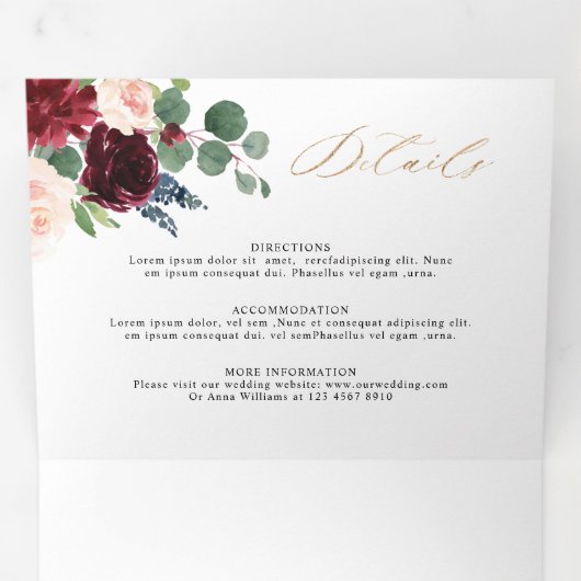 Faire-part Trois Volets Mariage Champêtre Rustique avec Fleurs et Marine d (Intérieur en premier)