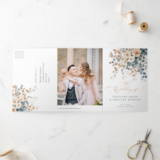 Faire-part Trois Volets Mariage d'aquarelle florale moelleuse (Extérieur)