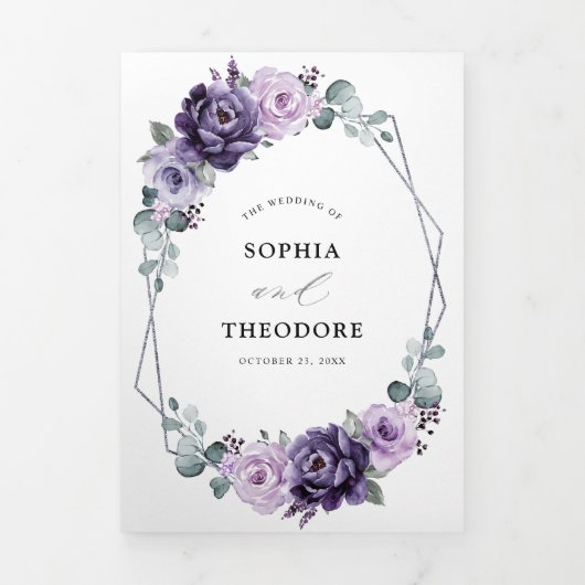 Faire-part Trois Volets Mariage Fleur Géométrique Fleurit Prune Pourpre Ar (Page de couverture)