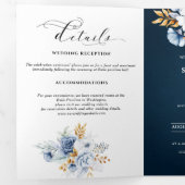 Faire-part Trois Volets Mariage Fleurs Bleu Poussiéreux Or Blanc  (Intérieur en premier)
