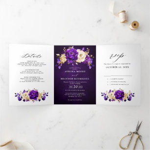 Faire-part Trois Volets Mariage floral botanique violet or royal 
