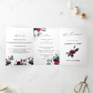 Faire-part Trois Volets Mariage floral gothique rouge burgundy bleu marine