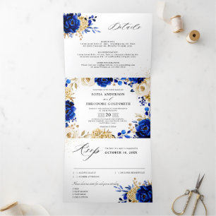 Faire-part Trois Volets Mariage Floral Métallic Bleu Royal Jaune Or